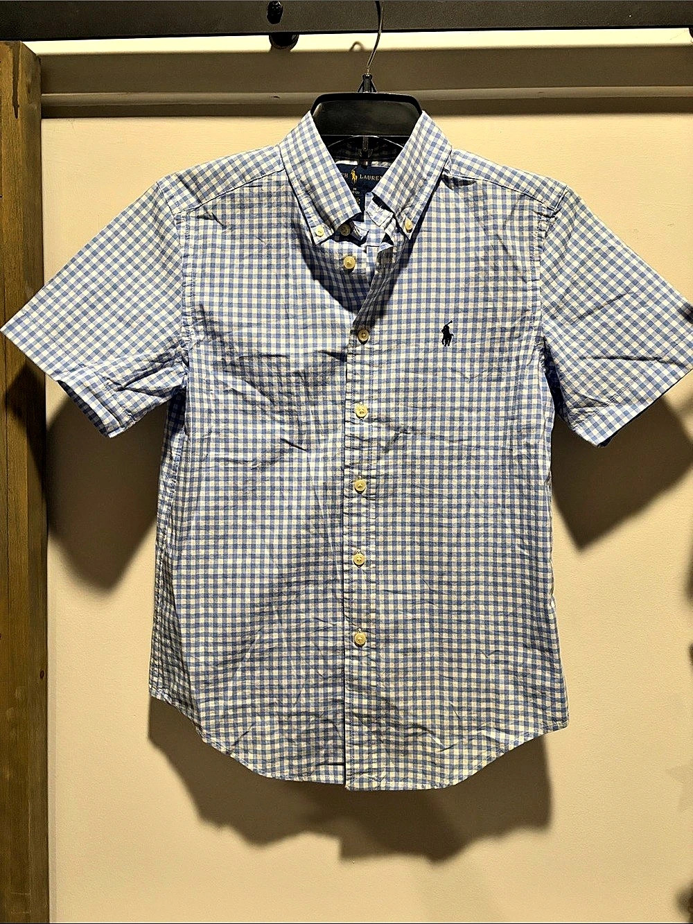 Ralph Lauren Boys Short-Sleeve Gingham Shirt Medium Blue & White